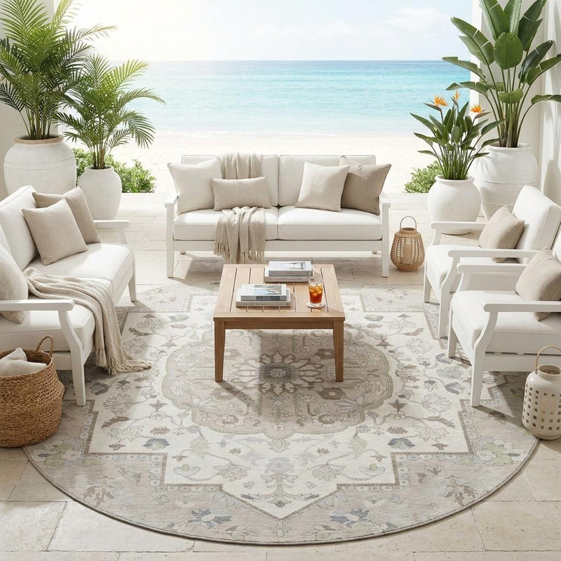 Round area rug with light ivory base and muted oriental medallion pattern