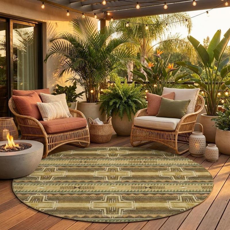Round area rug with gold, green, and brown tribal pattern and cross motifs