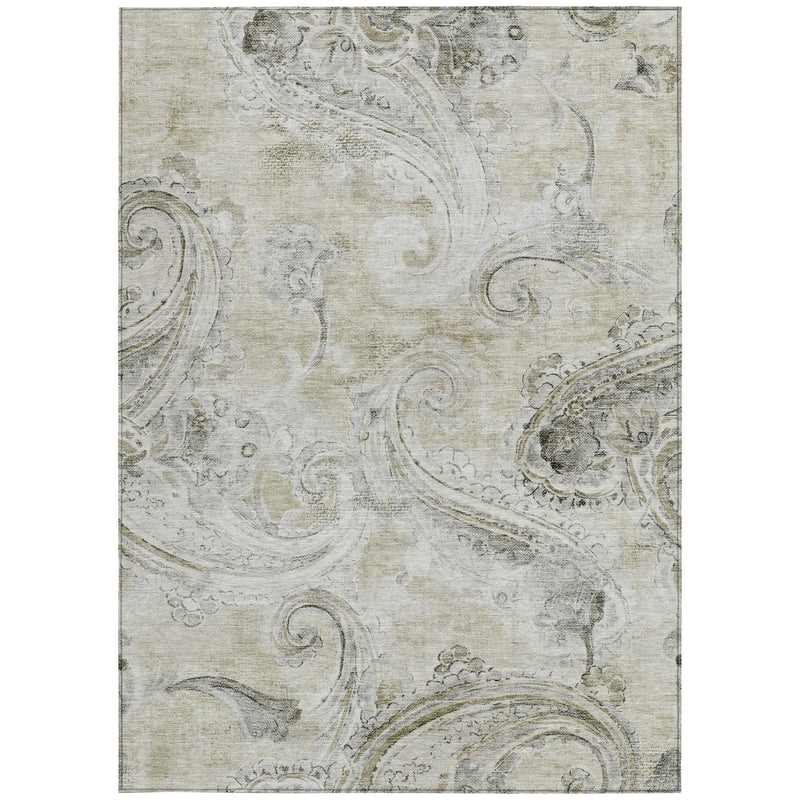 Rectangular light khaki paisley area rug with detailed gray-brown swirl design