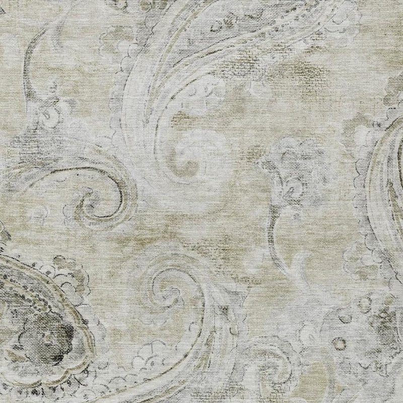 Light khaki paisley area rug surface close-up with gray-brown scroll details