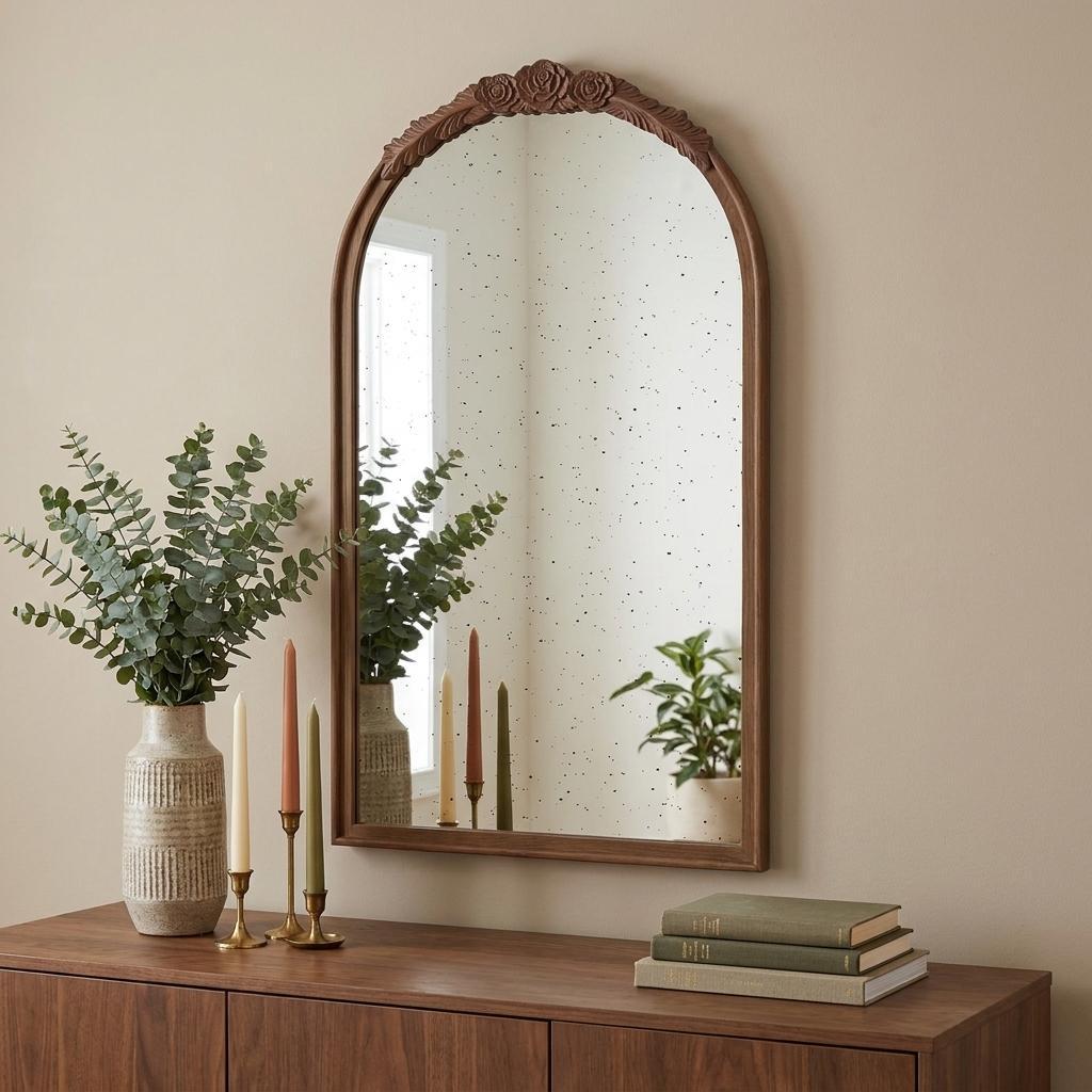 42" Brown Crowned Top Antiqued Glass Arch Framed Accent Mirror - Bed & Bath