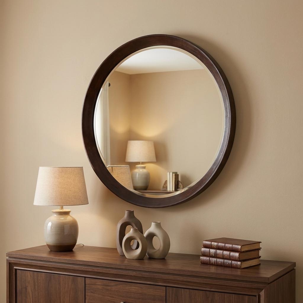 20" Dark Brown Round Wood Framed Accent Mirror - Bed & Bath