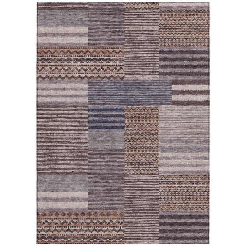 Gray and brown patchwork area rug with geometric border and block stripes