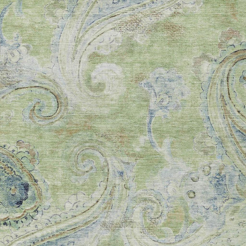 Textured green rug with silver and blue paisley scrolls and ornate speckled details