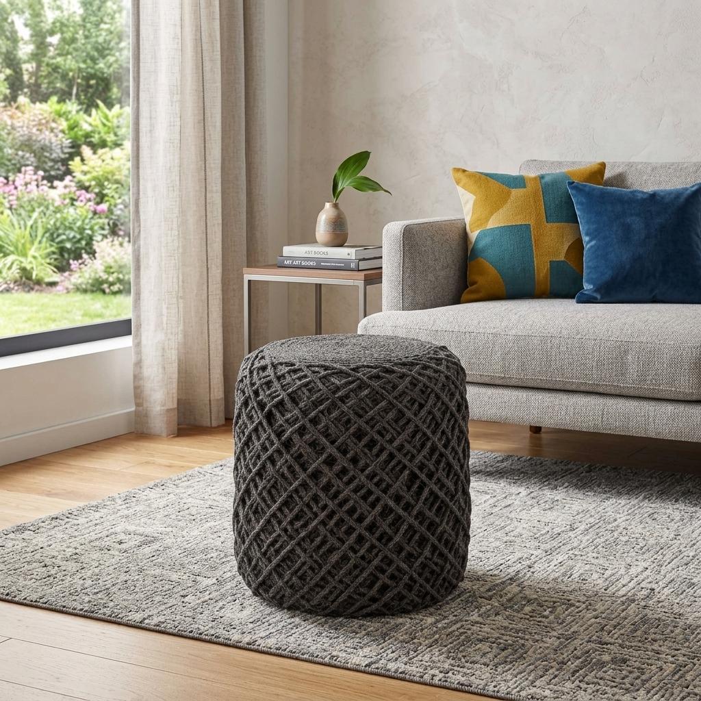 16" Gray Upholstery Cylinder Abstract Pouf Ottoman - Living Room