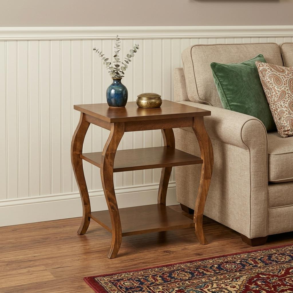 23" Brown Wood Bow Leg End Table With Two Shelves - Living Room