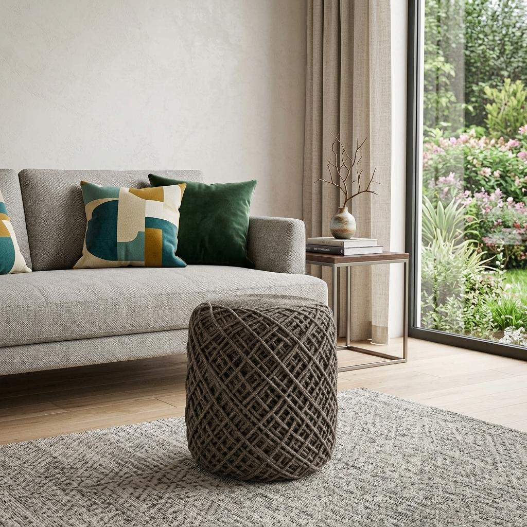 16" Brown Upholstery Cylinder Abstract Pouf Ottoman - Living Room