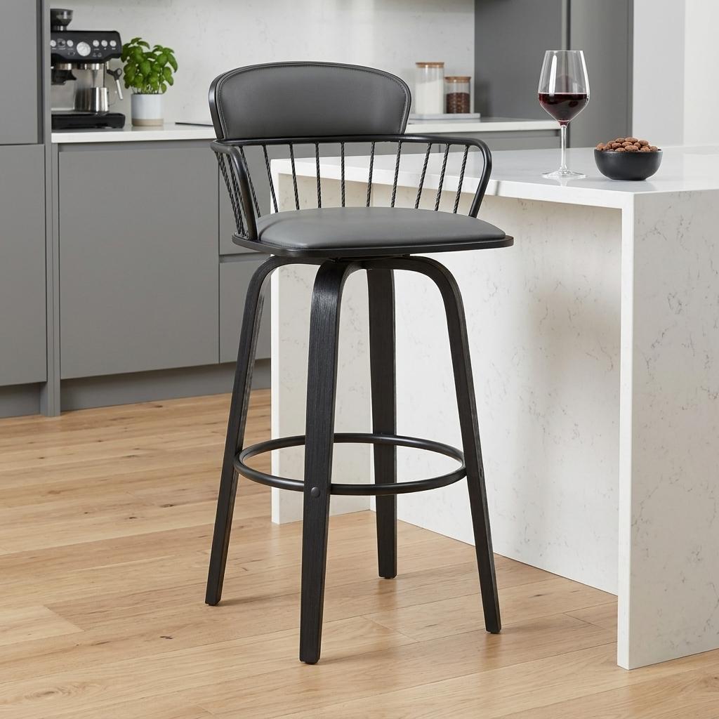 26" Gray And Black Faux Leather And Fabric And Wood Low Back Counter Height Swivel Bar Chair - Living Room