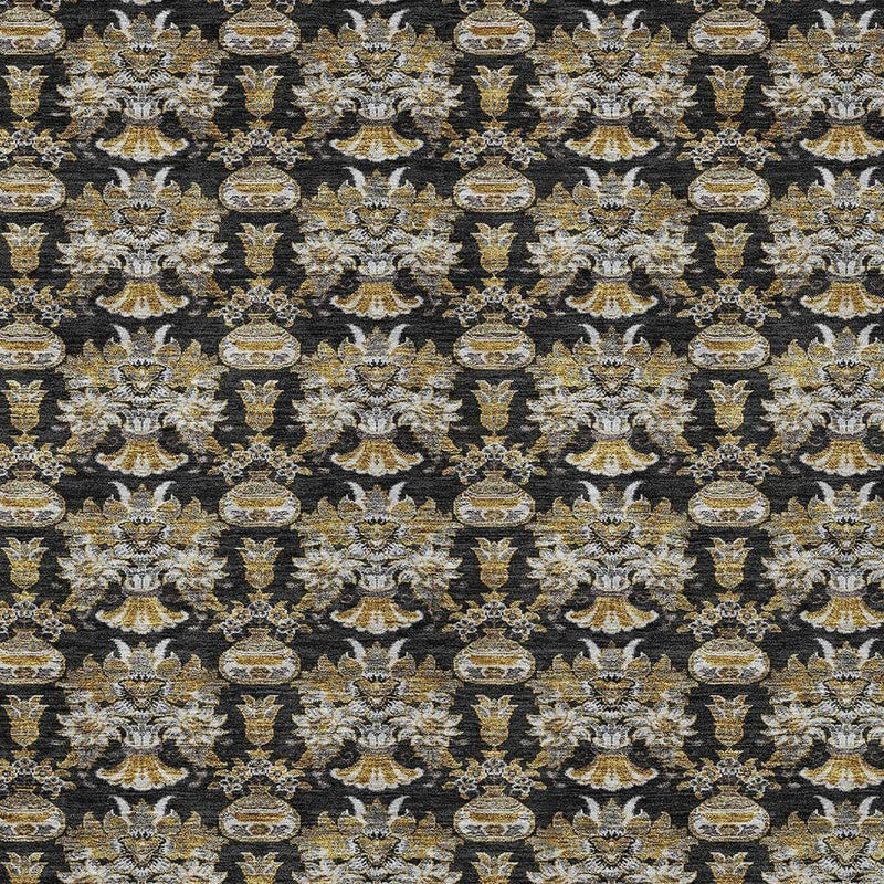 Pattern view: black area rug with repeating wheat, cream, and gray ornamental medallions