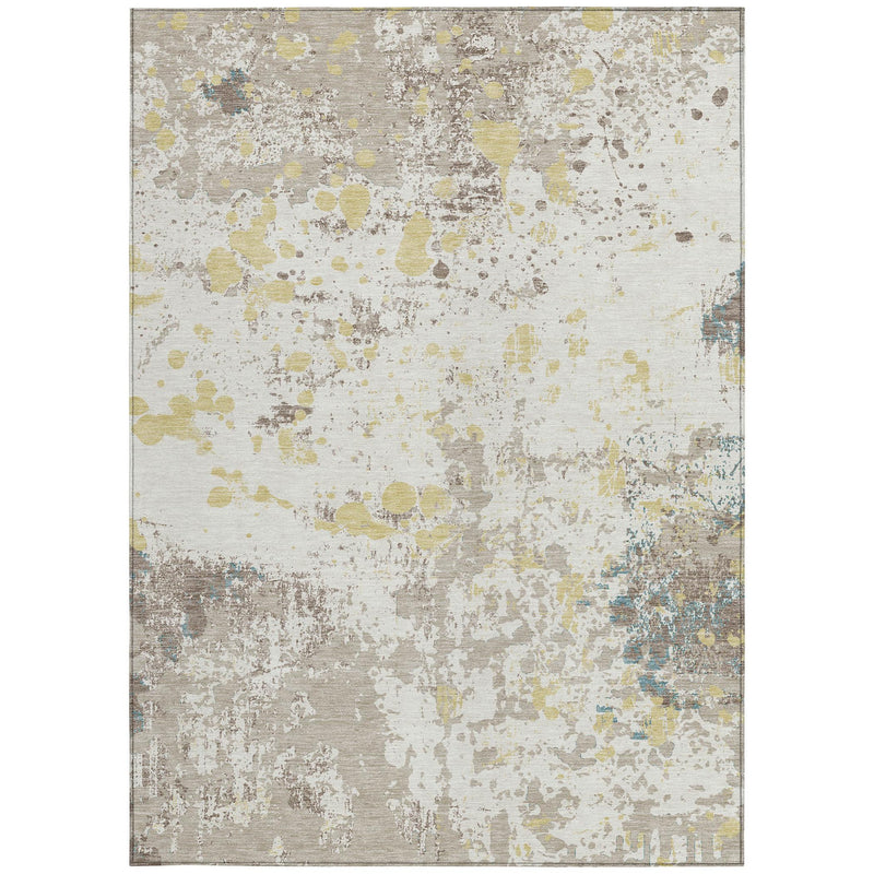Full view ivory abstract area rug with beige, gray, yellow, and blue distressed pattern