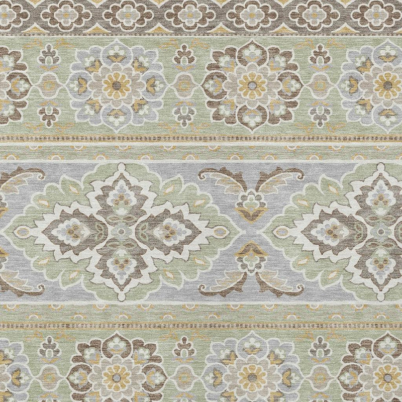 Green and ivory tribal area rug, border stripes with repeating floral motifs