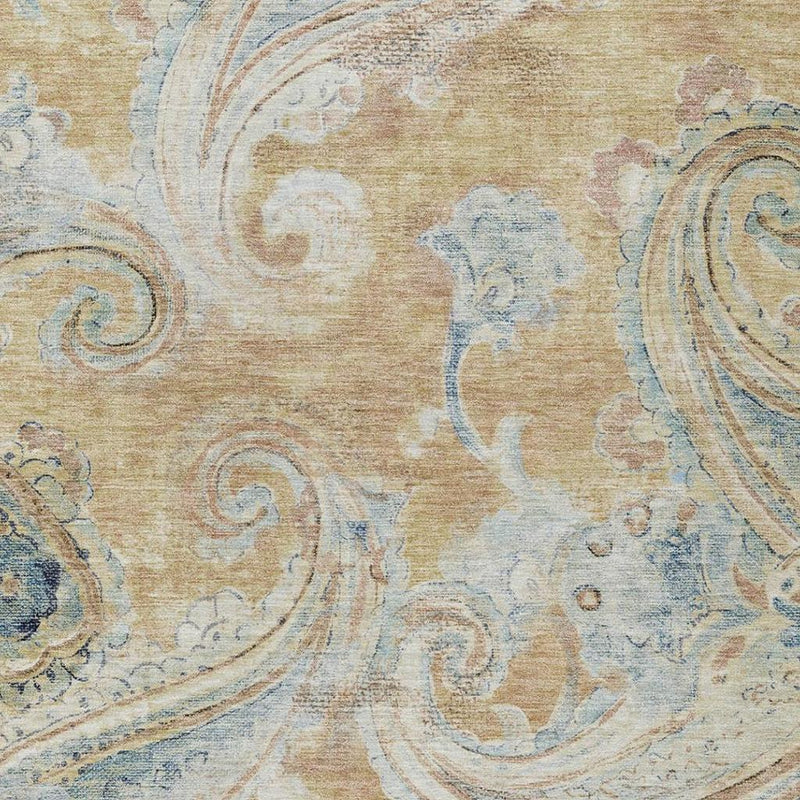 Area rug surface with beige ground and light blue paisley swirl pattern