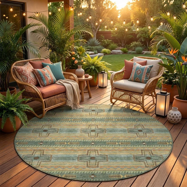 Round area rug with green, beige, and teal tribal geometric pattern