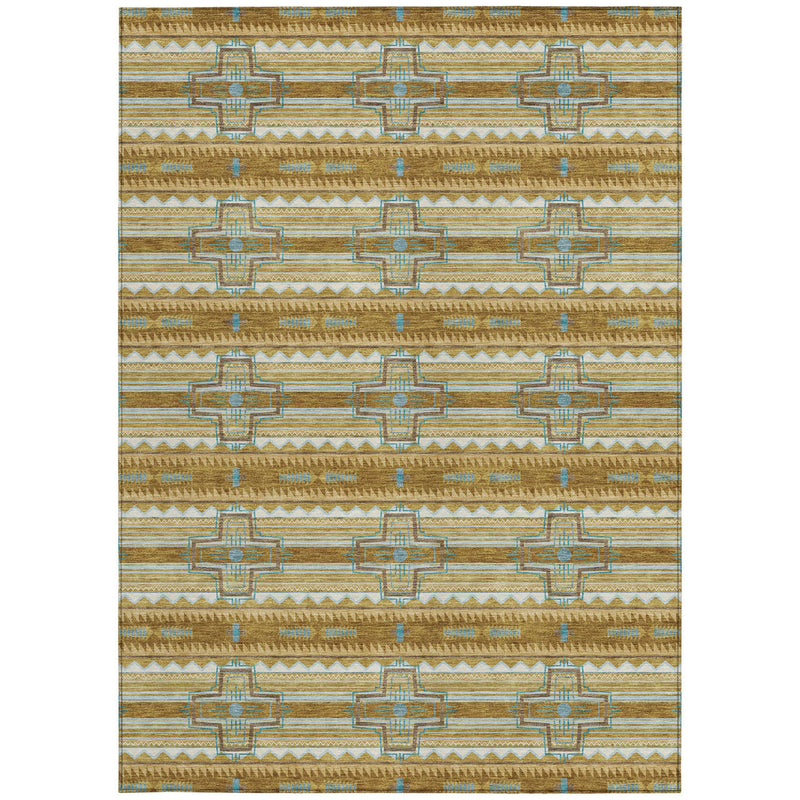 5x8 area rug with tribal wash pattern: gold, tan, and teal geometric stripes