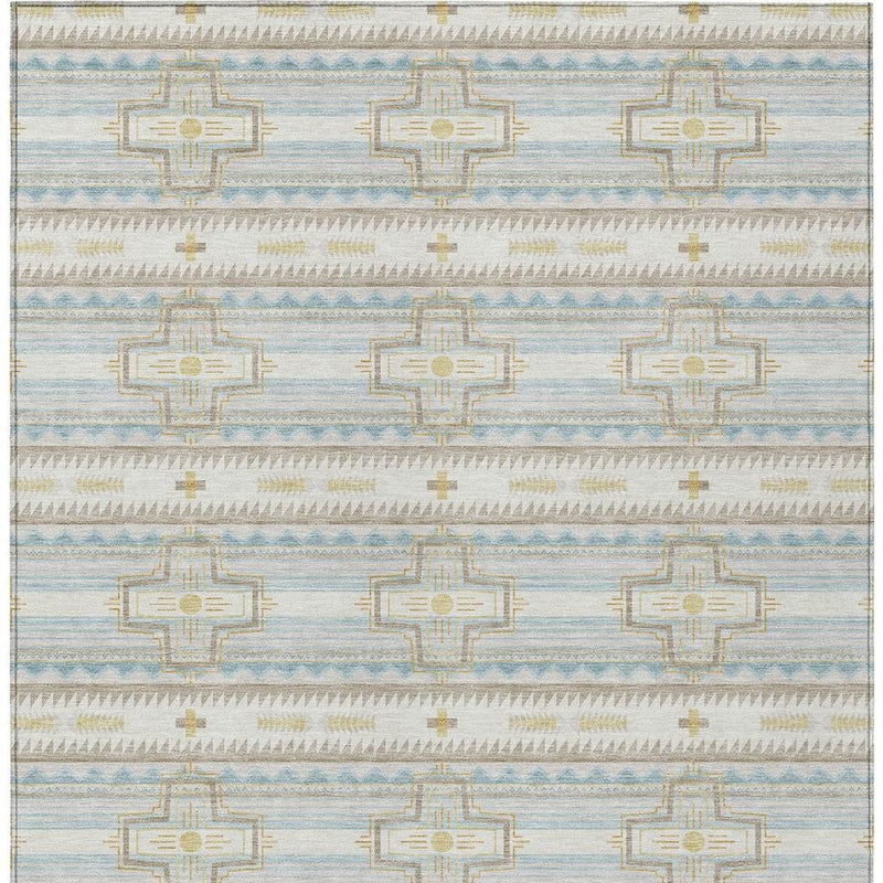 Light blue and ivory area rug with repeating geometric crosses and dash stripe pattern