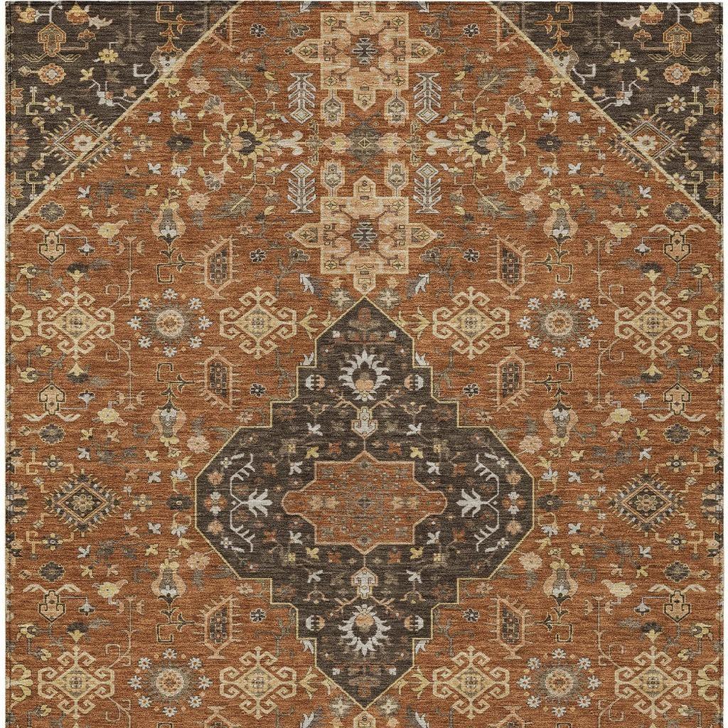 10' X 14' Orange And Brown Medallion Washable Indoor Outdoor Area Rug - Sports & Outdoor