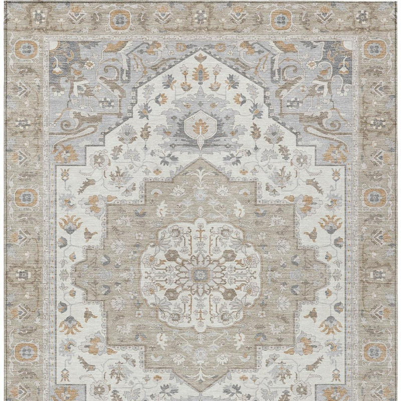 Beige and copper oriental area rug full view with faded vintage-look pattern