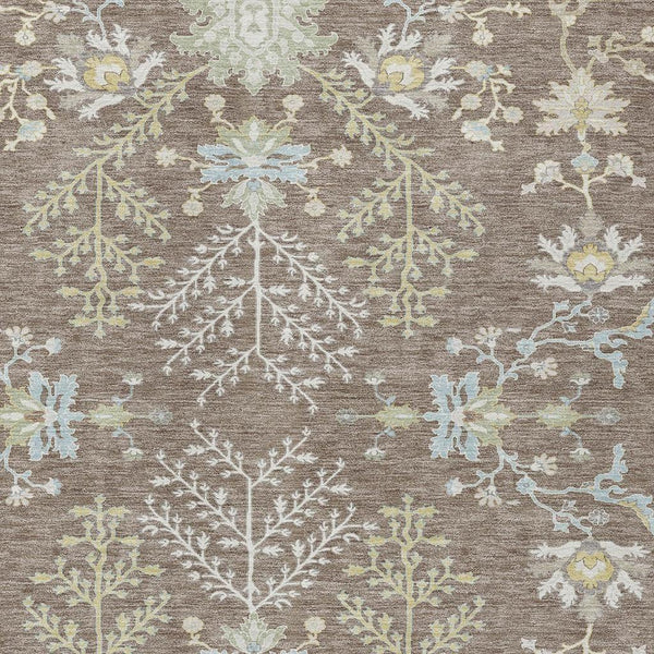 Taupe area rug with ivory, blue, and green floral medallion pattern