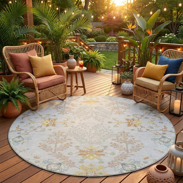 8-ft round area rug in light gray with ivory and soft floral damask pattern