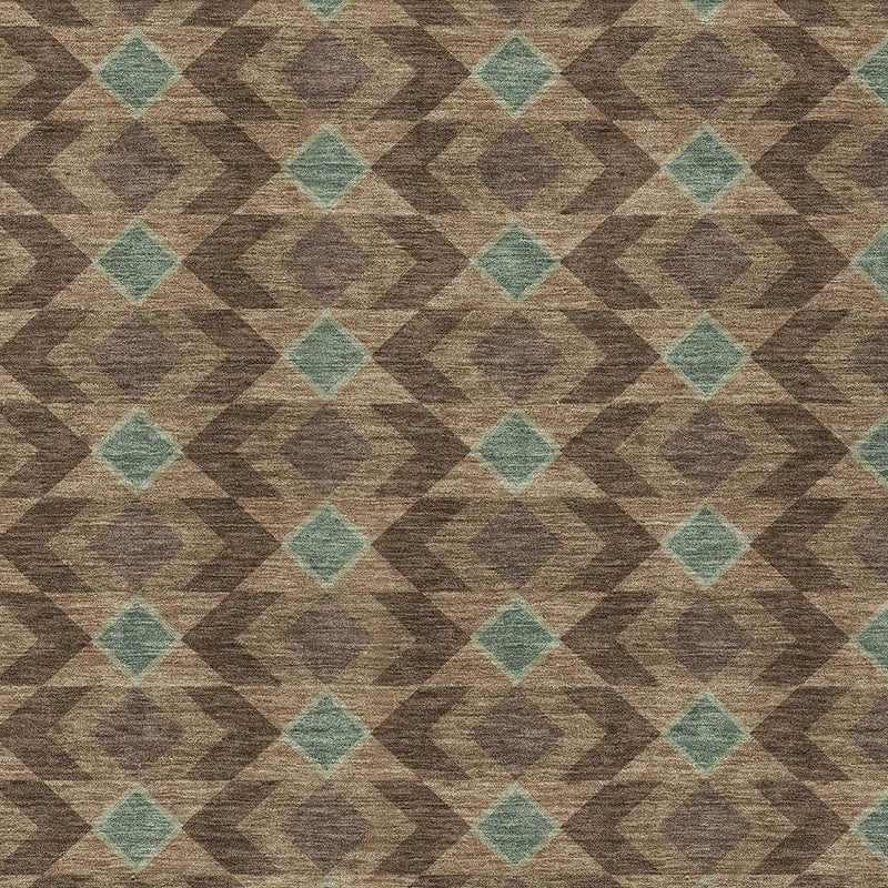 Geometric diamond area rug pattern in taupe brown with teal square details