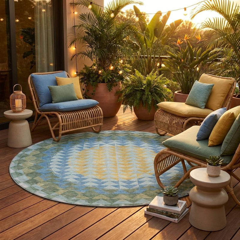 Round area rug with geometric chevron pattern in blue, silver, green, and yellow for outdoor use