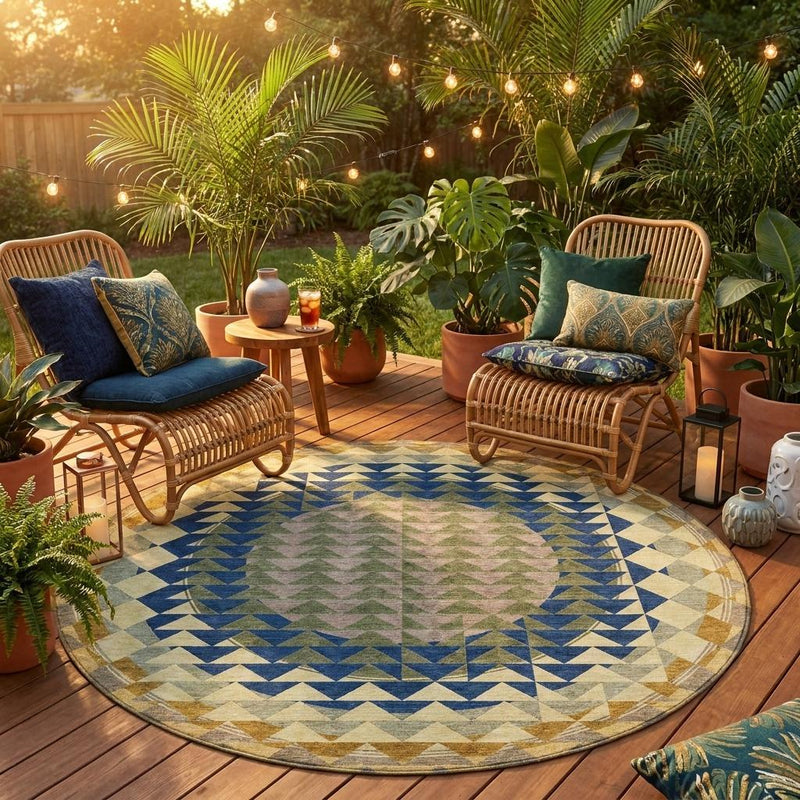 Round geometric area rug with blue and olive chevron pattern and multicolor blocks.