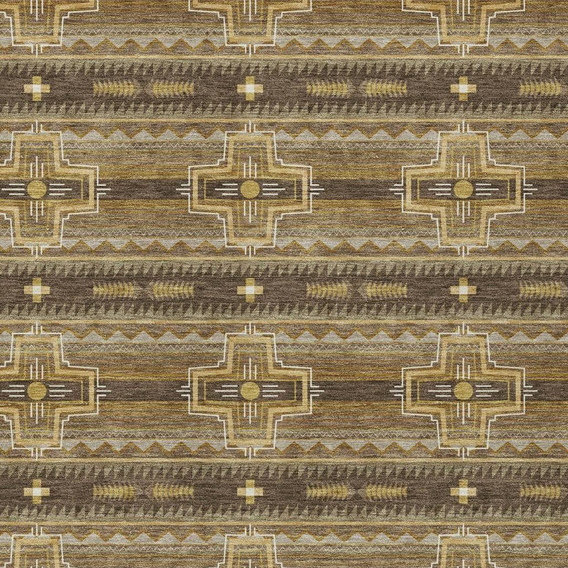 Tribal area rug pattern with horizontal bands and cross symbols in dark brown and beige.