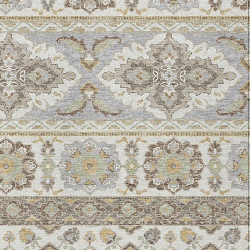 Close-up of ivory and silver tribal area rug with symmetrical medallion bands