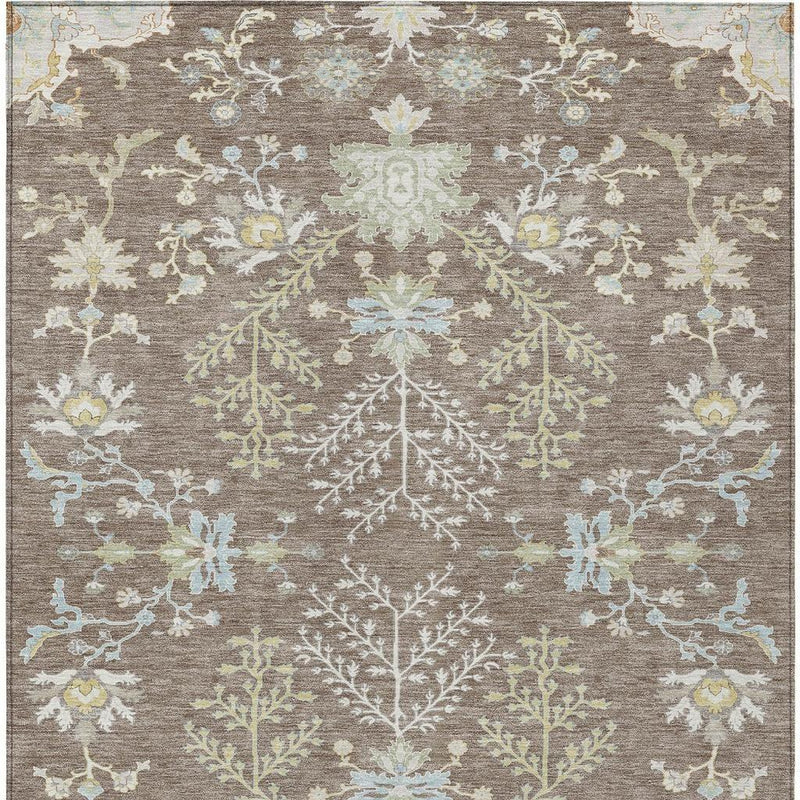 Taupe oriental area rug with ivory floral and leafy motif pattern, soft blue and yellow details