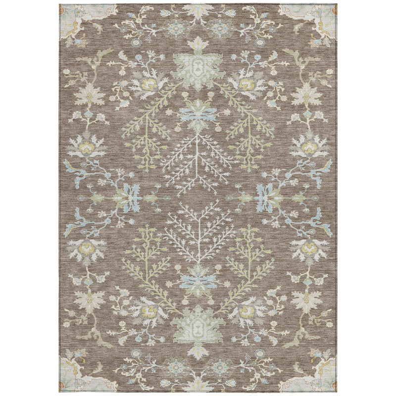 Taupe oriental area rug with ivory floral medallion and vine pattern, faded multicolor accents