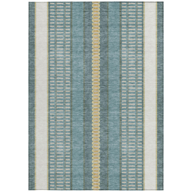 Full view of teal blue area rug with gold center stripe and cream border panels.
