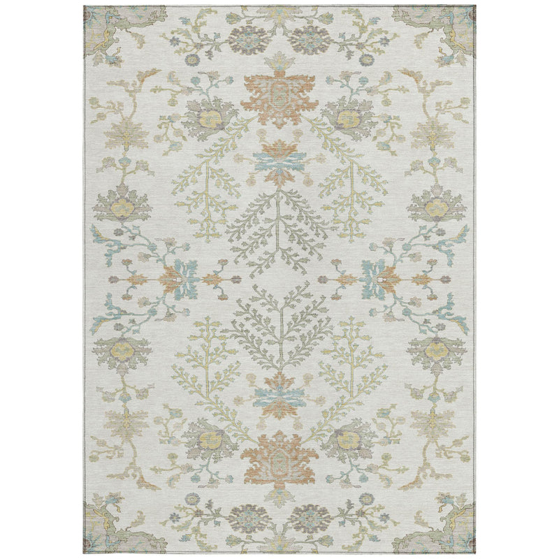 Full view of ivory area rug with botanical medallion pattern and multicolor accent lines