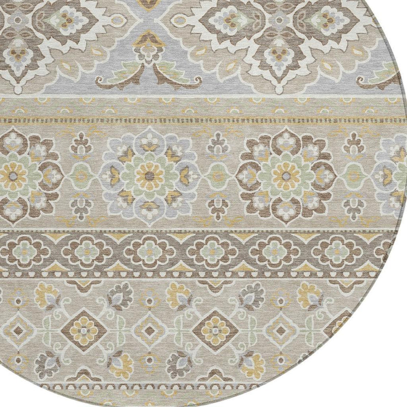 Round rug edge view with dense floral border and horizontal stripe pattern in muted tones.