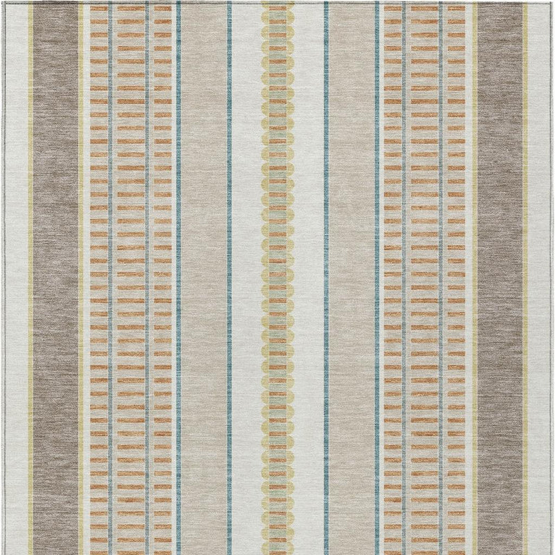 Ivory striped area rug close-up with blue-green center stripe and tan dotted bands