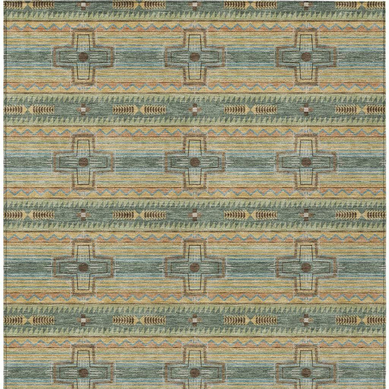 Turquoise, green, and tan tribal geometric area rug pattern with cross medallions