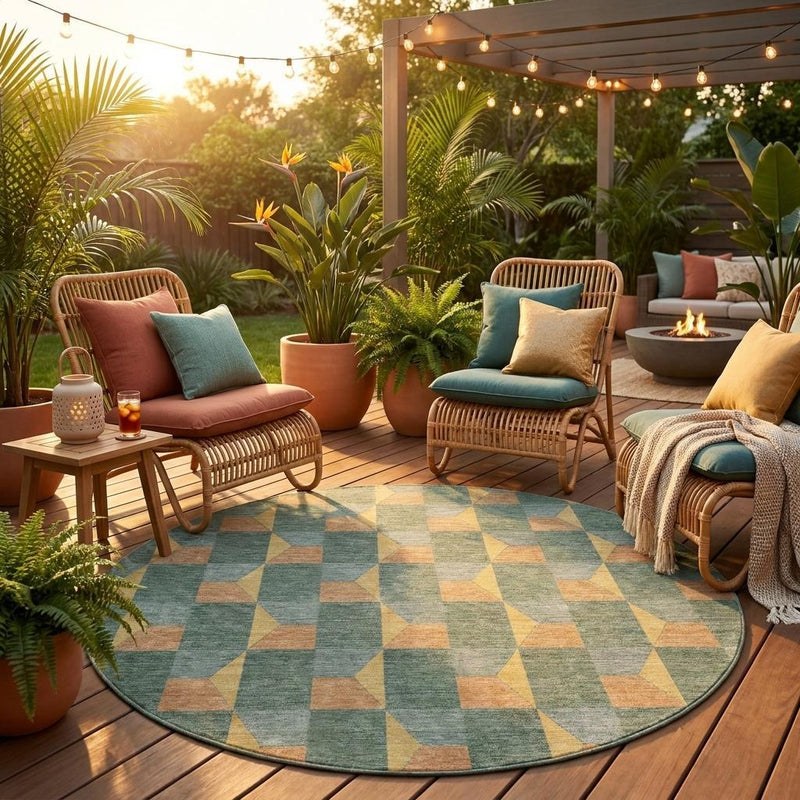 Round green-gray patio rug with geometric block pattern in tan, yellow, and orange