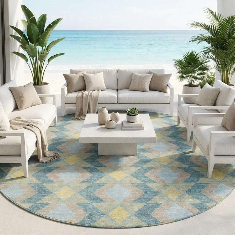 Round area rug with blue and yellow geometric zigzag pattern and solid border edge