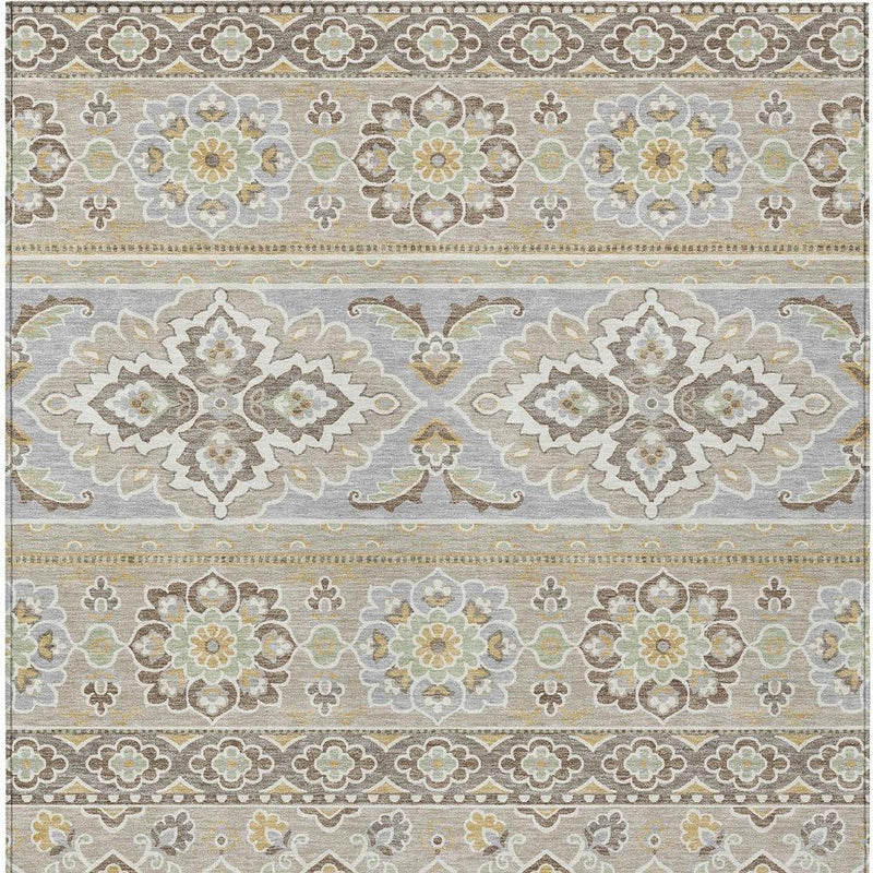 Beige and ivory tribal area rug with medallions, horizontal stripes, and ornamental border.