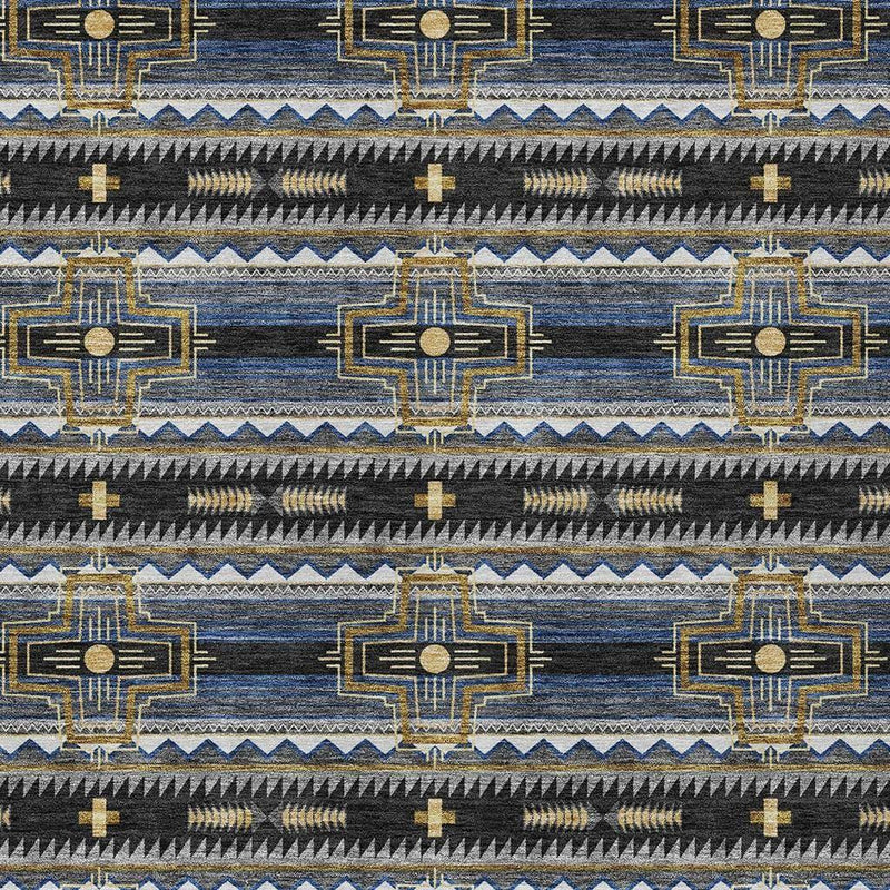 Close-up tribal area rug pattern with blue bands, dark background, and gold outlined crosses.