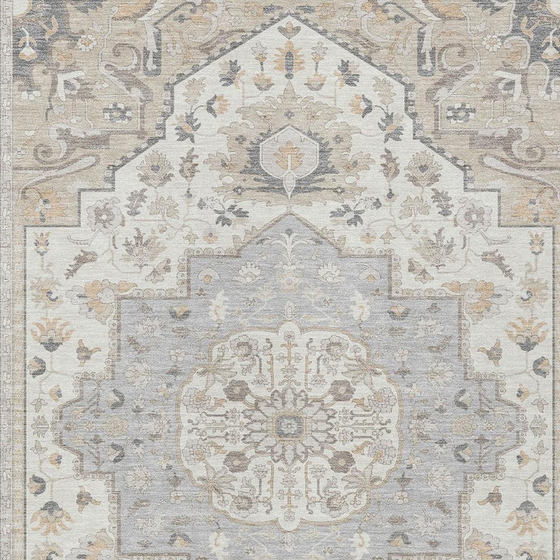 Oriental area rug with silver and fern green ornate medallion and geometric border