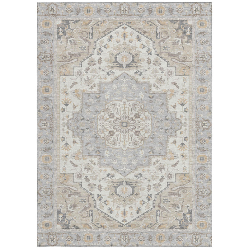 Silver-gray oriental area rug with fern green accents and ornate medallion pattern.