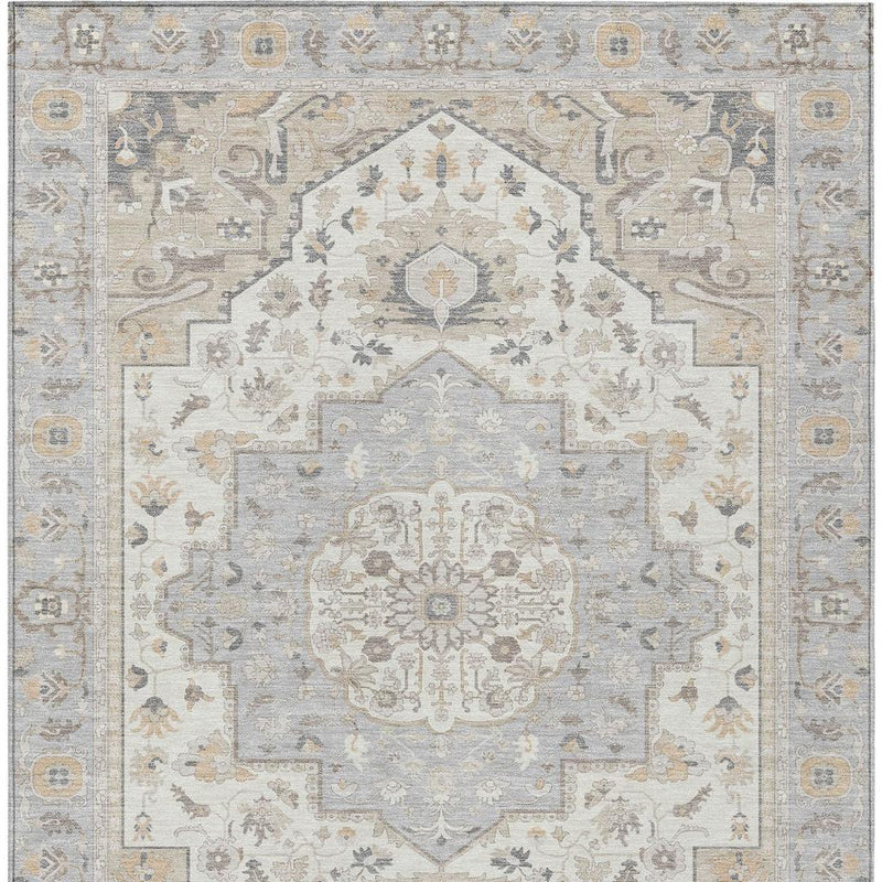 Oriental area rug flat view, cream medallion with light blue-gray scrolling details