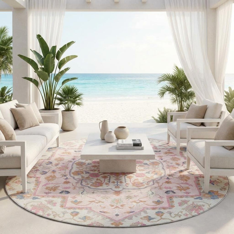 Round oriental area rug centerpiece with cream, pink, blue, and gray detailed pattern