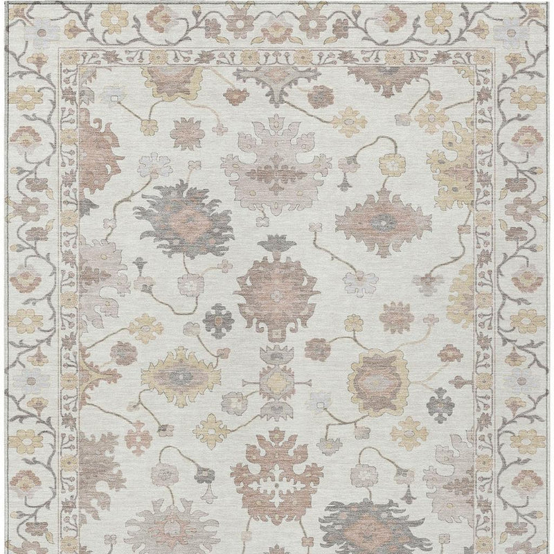 Ivory oriental area rug with large floral medallions in gray, tan, and dusty rust, framed border