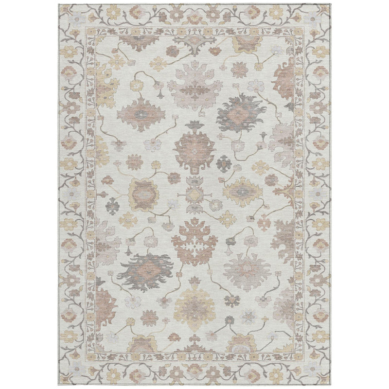 Ivory oriental area rug with scattered floral medallions in gray and beige, soft border detailing
