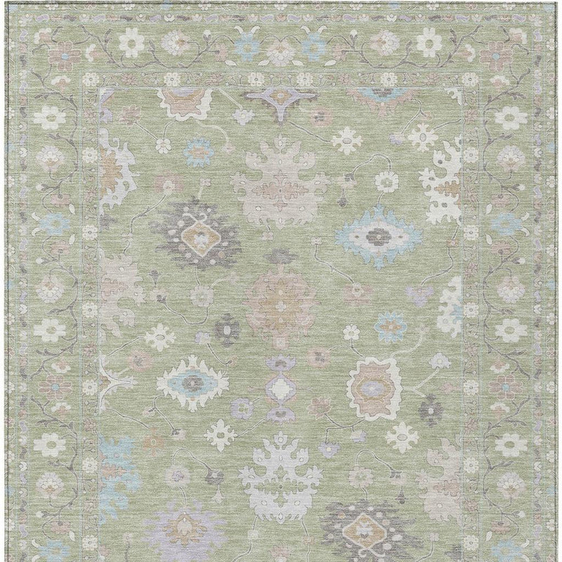 Green and teal oriental area rug with repeating floral medallion design, washable