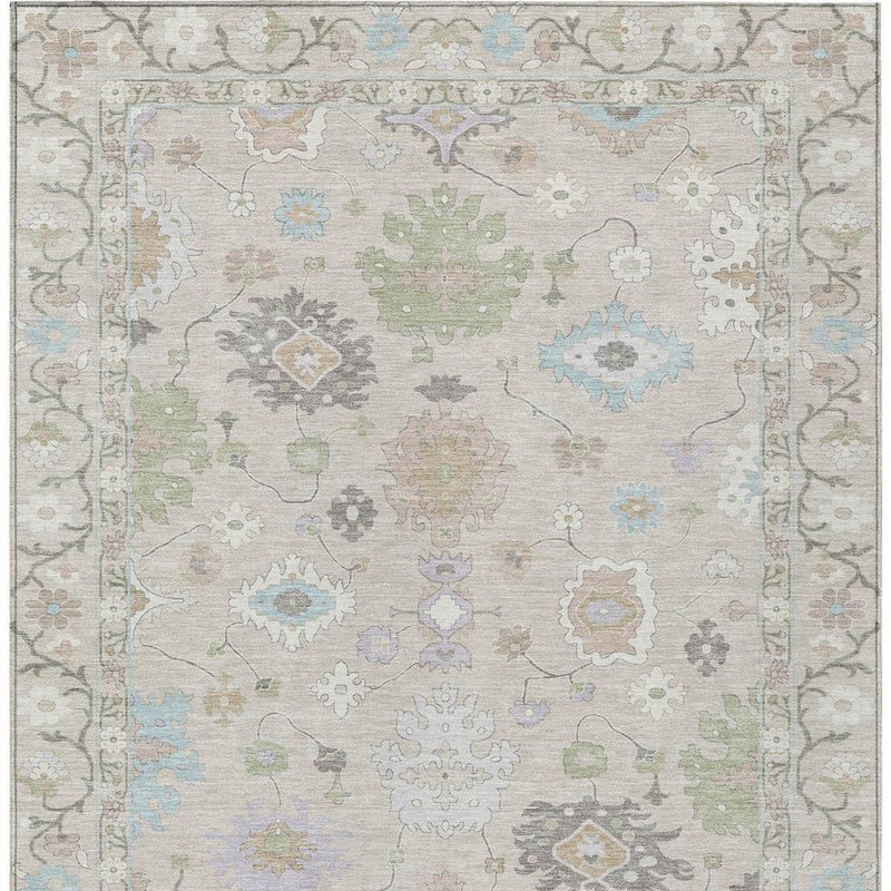Close-up of light gray area rug with multicolor oriental medallion and border pattern