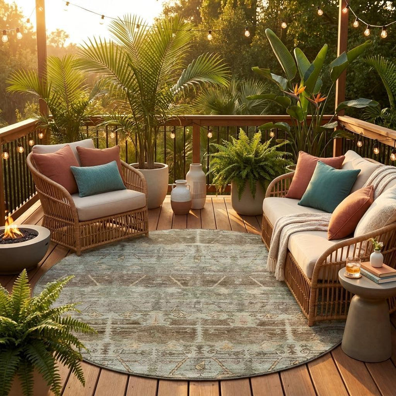 Round outdoor indoor area rug with tribal pattern laid on wooden deck