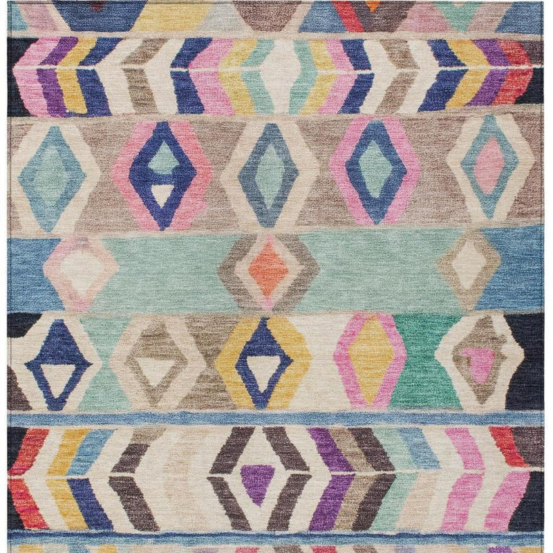 Multicolor geometric tribal area rug with blue edge border and diamond motif bands