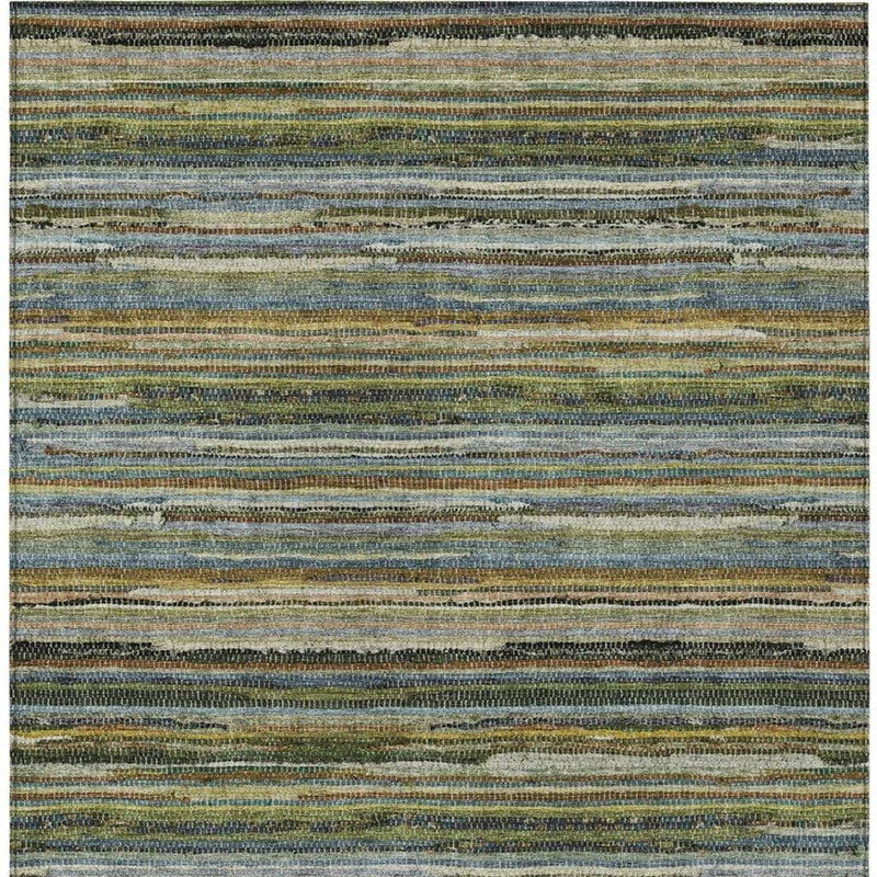 Striped area rug surface with blue, tan, green, and dark brown horizontal lines